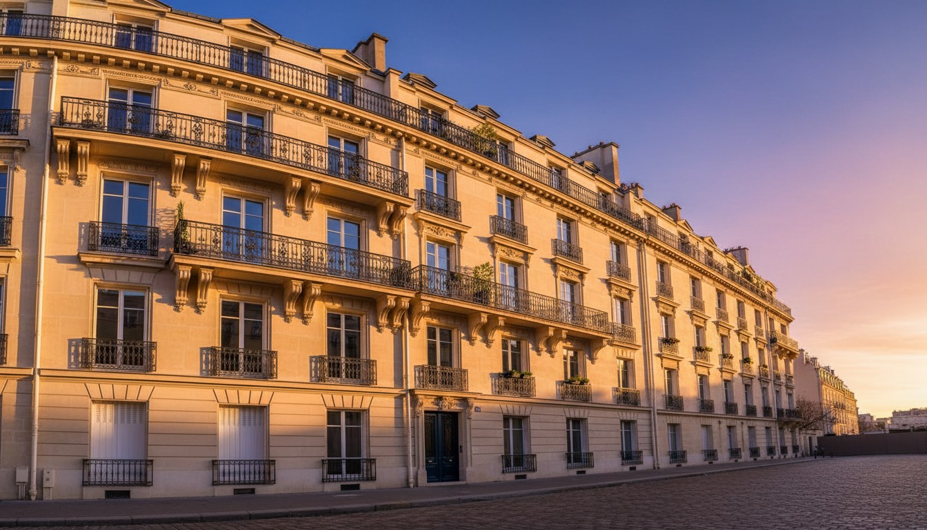 Façade haussmannienne parisienne baignée de lumière dorée au coucher du soleil