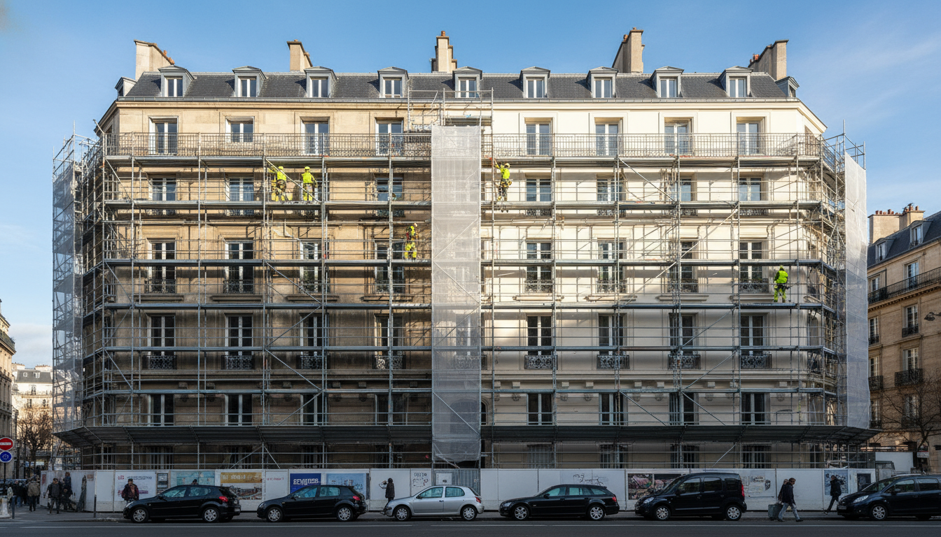 Façade haussmannienne en cours de restauration avec échafaudage